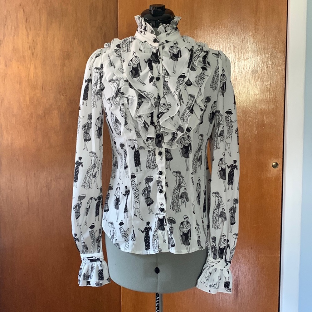 Blingor vintage ladies print ruffled poet blouse L